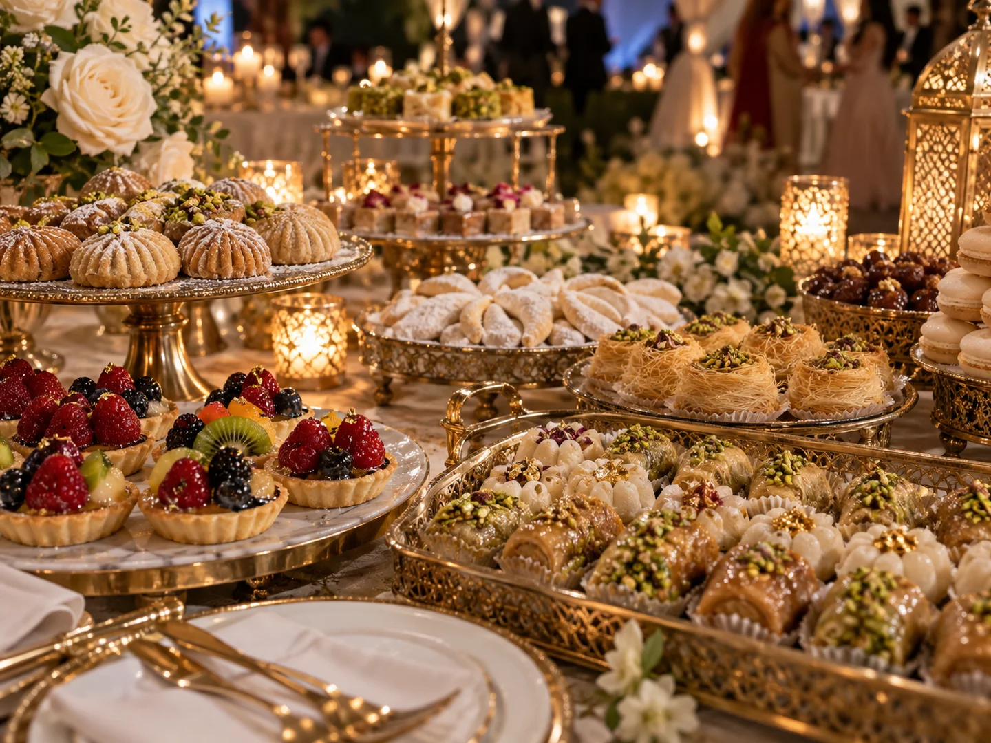 Tunisian wedding pastry station with refined desserts