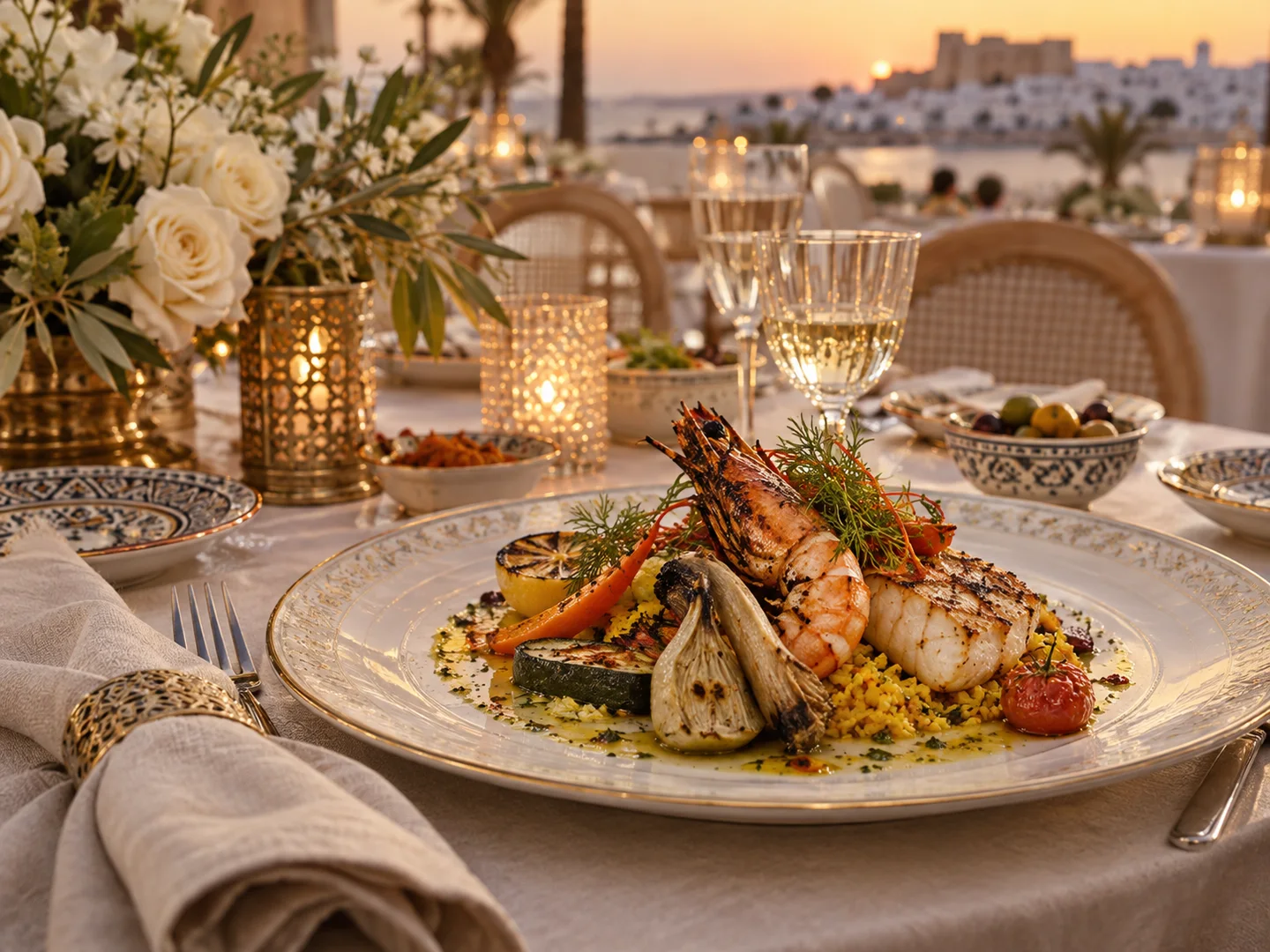 Plated seafood dinner prepared for an elegant Tunisian wedding reception